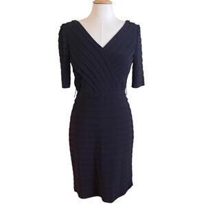 Adrianna Papell Navy Blue Short Sleeve V-Neck Banded Sheath Dress Size 10